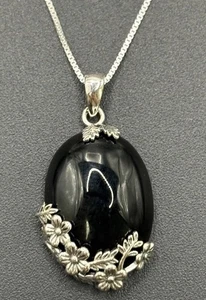 New Condition Sterling Silver Onyx Pendant Necklace 925  - Picture 1 of 9