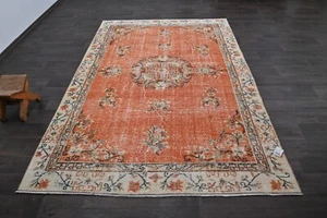 Tappeto vintage turco Oushak 6x9 kilim tappeto anatolico fatto a mano decorazione boho ARANCIONE - Foto 1 di 10