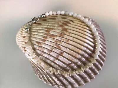 Handmade Ankle Bracelet Tiny White Coral Branches and MOP Shell Rounds 9" Long - Image 1 of 3