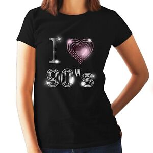 I Love Neunziger 90s Angepasst Damen T-Shirt Strasssteine Design ( Jede Größe