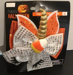 Girls Halloween Unicorn w/ Eyelashes Hair Bow Gold White Orange Candy Corn NEW - Picture 1 of 8