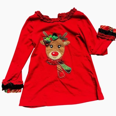 Raro,Too Niñas 5/6 Rojo Reno Navidad Manga Larga Volantes Vestido Túnica Novedad Foto 1 de 4