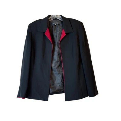 Kasper Petite Black Blazer Red Lined Collarless Open Front Size 12P Holiday - Image 1 of 4