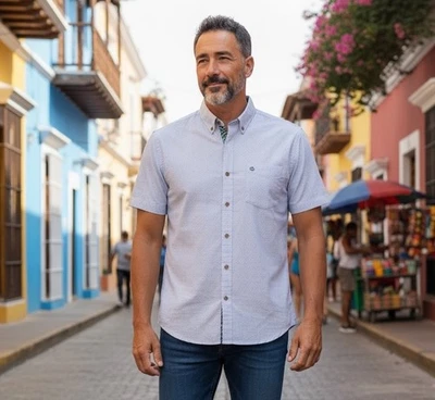 Camisa masculina Margaritaville casual colarinho com botões cinza amanhecer tamanho G MSRP $35 - Imagem 1 de 4