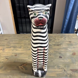 Rare Folk Art MCM Carved Wood Striped Cat Statue 18 inches Tall Stripped B/W - Picture 1 of 8