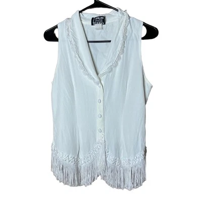 Chaleco Vintage 18th St Blanco Abotonado Flecos Borde Encaje Cuello Mediano Años 80 90 M Foto 1 de 4