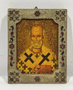 Vintage Mutter des Gottes alter Druck Ikone und Ikone des Heiligen Nikolaus schöner Rahmen - Bild 1 von 2
