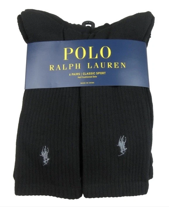Polo Ralph Lauren 6 Pair Classic Sport Crew Athletic Socks Black