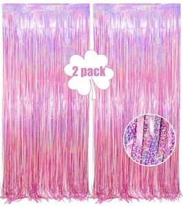Glitter Pink Foil Fringe Curtain Party Backdrop – 2 Pack of 3.2x8.2 ft Backdr... - Picture 1 of 6