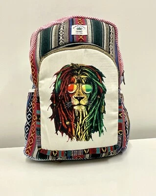 Mochila de cáñamo (León rastafari) con bolsillo para computadora portátil Nepal Comercio Justo Senderismo Boho Foto 1 de 4