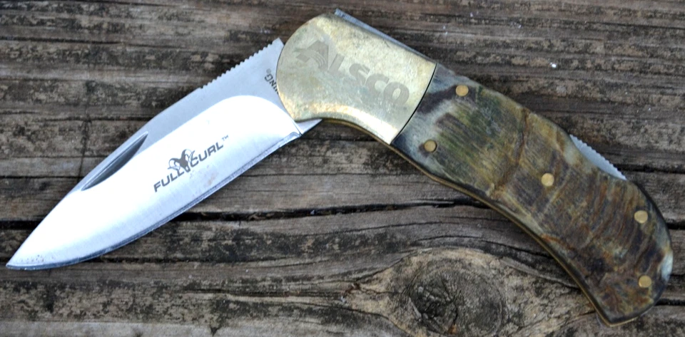 Cuchillo plegable Browning Full Curl 107 hoja plana de acero mango de cuerno de oveja Foto 1 de 4