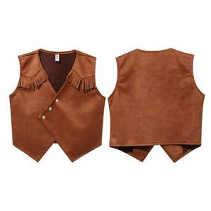 Boys Western Cowboy Costume Kids Suede Vest Button Down Tassel Jacket Dress up - Picture 1 of 20