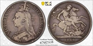 1889 PCGS F Detail Great Britain Crown Jubilee Queen Victoria Coin #51234A - Picture 1 of 4