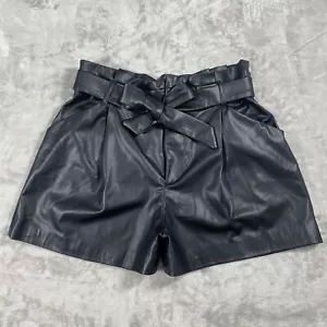ZARA Women's Black Faux Leather Short Pants sz LARGE Belted High Rise Pleated - Picture 1 of 17