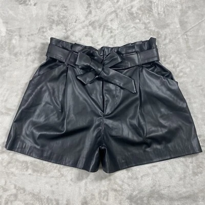 ZARA女式黑色人造皮革短裤尺寸大号腰带高腰打褶 — 第 1/4 张图片
