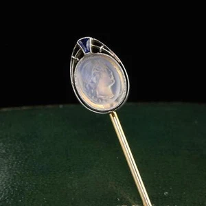 Antiguo prendedor Art Deco oro amarillo 14K platino tallado piedra lunar dama palo - Imagen 1 de 4