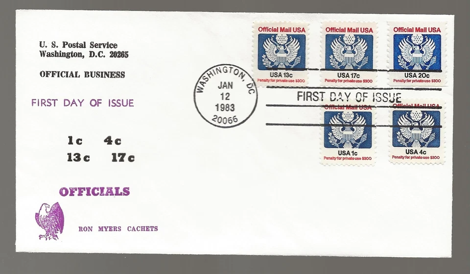 US Scott #O127-30 & O135, First Day Cover 1/12/83 Washington Singles Official - Image 1 of 1