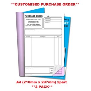 **PERSONALISED** NCR Purchase Order Duplicate Book A4 (210mm x 297mm) 2 PACK - Picture 1 of 4