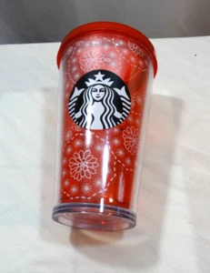 Bicchiere Starbucks 16 oz rosso trasparente con coperchio Natale vacanze fiocchi di neve - Foto 1 di 5