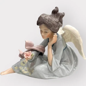 O'Well Angel Grandeur Noel Collection Porcelain Seated with Flower Blue Gown - Picture 1 of 11