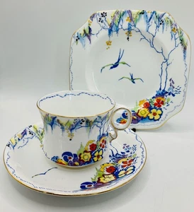 Antique Art Deco Carlton China Springtime Swallows 4754 Trio - Dated 1928 - Picture 1 of 17