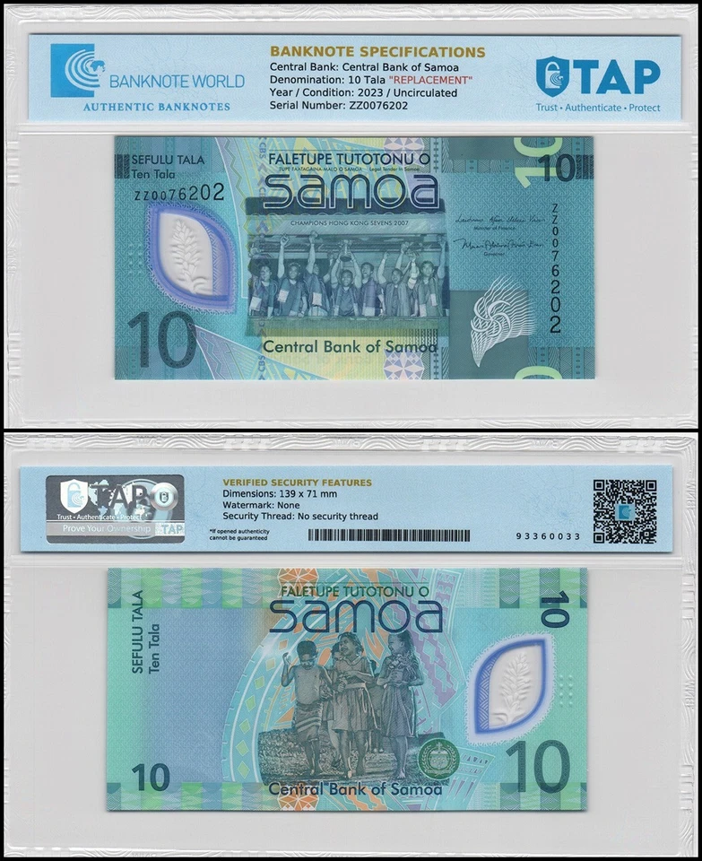 Samoa 10 Tala, 2023 ND, P-48, UNC Polymer, Replacement Authenticated - Image 1 of 1
