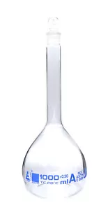 Eisco 1000ml Volumetric Flask with Glass Stopper, Class A, ASTM, Blue Graduation - Picture 1 of 1