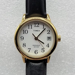 Timex Indiglo Damenuhr 25mm goldfarben schwarzes Lederband neue Batterie * - Bild 1 von 15
