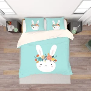3D Floral Rabbit Cartoon Green Quilt Cover Set Duvet Cover Bedding Pillowcases - Picture 1 of 6