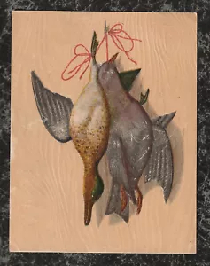 Victorian Stock Card Embossed Two Dead Birds Hung on Wall 4.25 x 3.25 - Bild 1 von 2