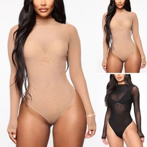 Women's Sexy Long Sleeves Stretchy Sheer Mesh Leotard Bodysuit Jumpsuit Romper - Picture 1 of 7