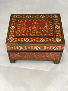 Bohemian Wood Box with Hinged Lid Red with Floral Design 5 in. Wide 3 in. Tall - Picture 1 of 20