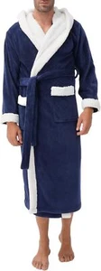 Men's Plush Fleece Bathrobe Full Length Hooded Warm Soft Robe with Pockets Belt - Picture 1 of 29
