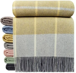 Kaschmir Decke Wolldecke Merinowolle Plaid 140x200cm Kuscheldecke Gelb Karo - Bild 1 von 5