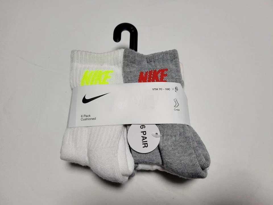 6 Pairs NIKE Boys Cushioned Crew Socks Fits Youth Shoe Size 7C-10C White Gray