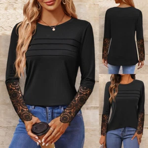 Lace Womens Knit Crew Neck Long Sleeve Slim Tops Casual T-Shirt Blouse Pullover - Picture 1 of 18