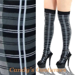 TARTAN Thigh-High OVER-THE-KNEE Costume SOCKS Grey BLACK White PLAID School HOT - Picture 1 of 3