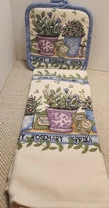 Vintage Set Kitchenworks Kitchen Towel And Pot Holder Print Herb - Picture 1 of 10