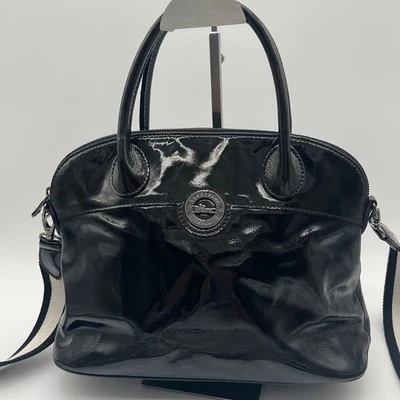 Bolsa de ombro Longchamp 2 vias, toda de couro, ferragem de logotipo, USADA do Japão - Imagem 1 de 4