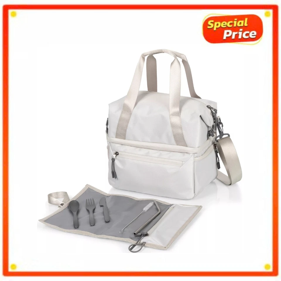 Picnic Time Tarana Eco-Friendly Halo Gray Lunch Bag Cooler with Utensils Set Kit Foto 1 de 4