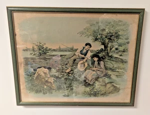Antique Framed Colored Print No. 132 Courting In The Meadow Cow Farm 21" X 17.5" - Picture 1 of 5