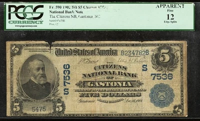 $5 Series 1902 National Banknote from Gastonia, North Carolina PCGS Fine 12 net - Image 1 of 2