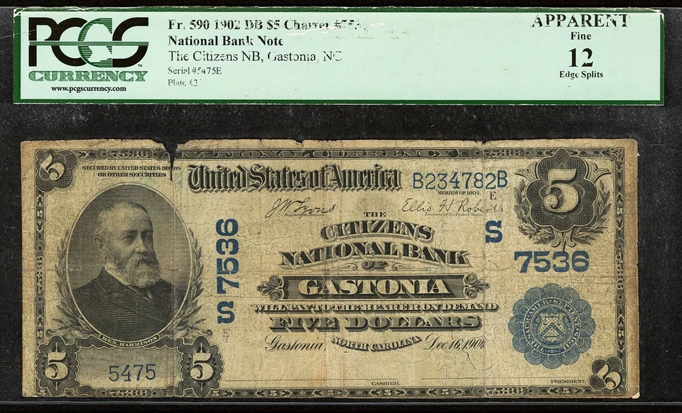 $5 Series 1902 National Banknote from Gastonia, North Carolina PCGS Fine 12 net - Image 1 of 2