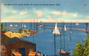 Cartolina in lino Barche a vela nel porto di San Giuseppe e Benton Harbor Mich - Foto 1 di 4