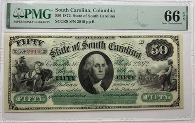 South Carolina 1872 Revenue Scrip $50 PMG 66 EPQ - Image 1 of 2