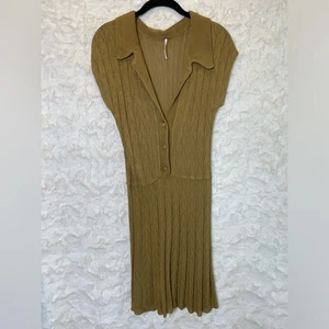 Free People Women's Open Knit Collared Dress Size Small Mustard Color Coquette  - Picture 1 of 13
