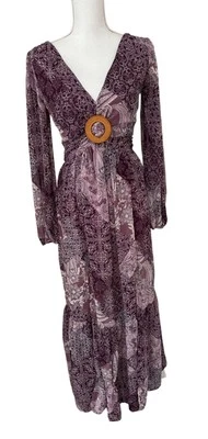 Jessica Simpson Dress Sz XS Boho Maxi Paisley Print Long Sleeve V-Neck Back Tie - Image 1 of 4