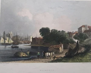Weymouth, Dorset. Antiker Druck von 1842. H Warren. Handkoloriert. Hafenszene. - Bild 1 von 4