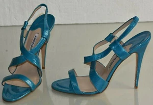 $875 NEW Manolo Blahnik Crinkled Patent Leather Blue Turquoise Sandals Shoe 40.5 - Picture 1 of 8