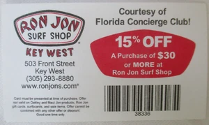RON JON SURF SHOP KEY WEST 15% OFF DISCOUNT CARD - Picture 1 of 2